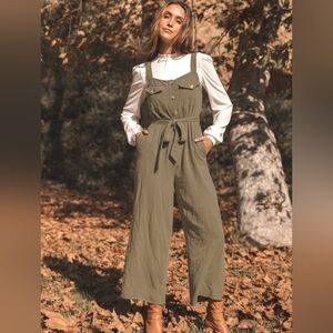 Lulus Destined for Vacay Olive Green Button Front Wide Leg Jumpsuit - Size S